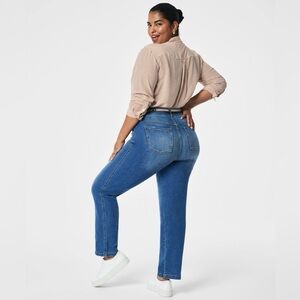 NWT Spanx Straight Leg Jeans Vintage Indigo Blue Denim Large Petite Pull On Pant